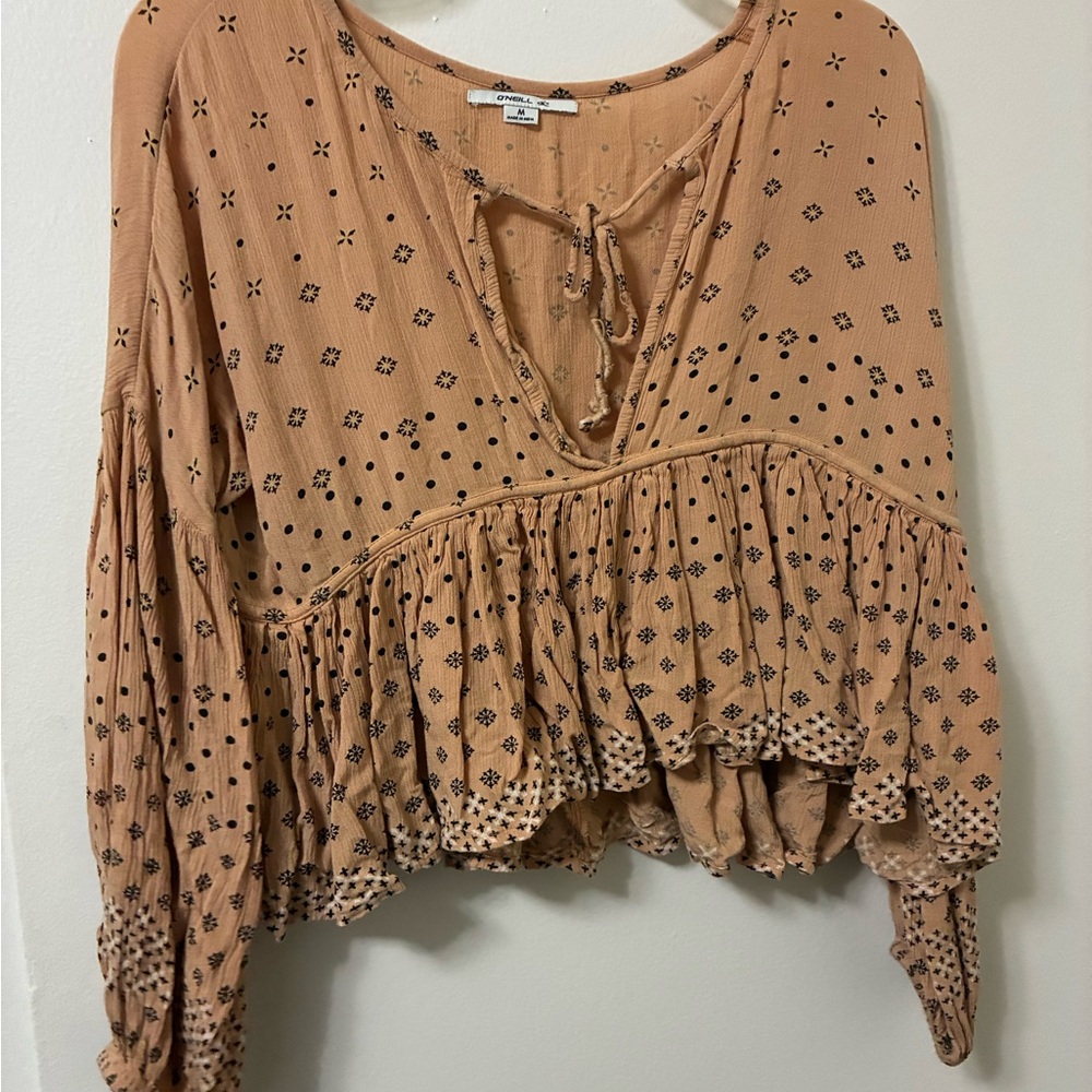 O'Neill Tan Blouse with Black Patterns